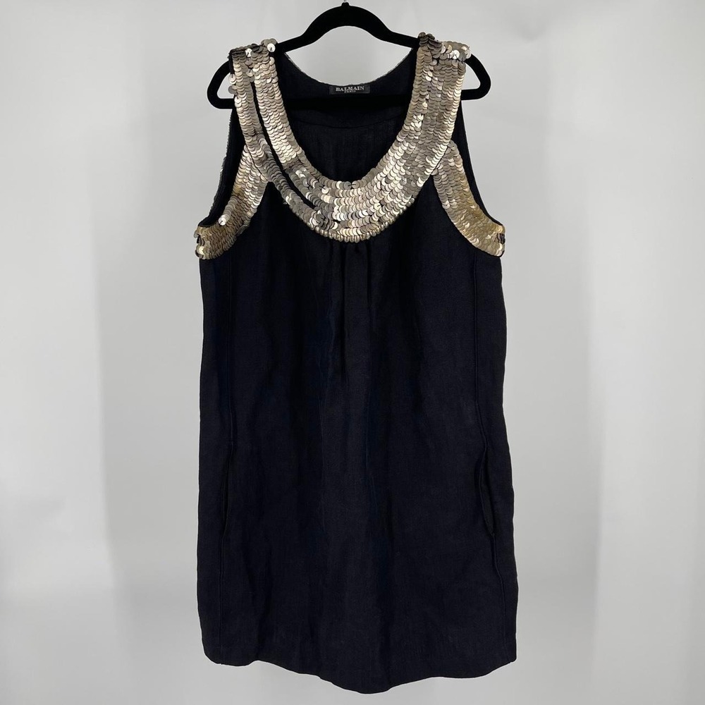 Balmain Archival Sequin Mini Dress Silk Linen EU 38 US M 2010s Cocktail Glam